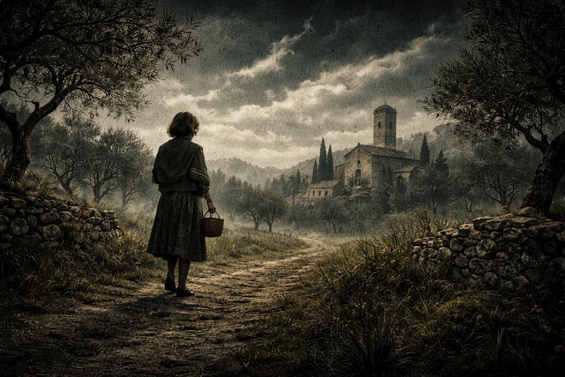 Rear view of a woman holding a wicker basket, standing on a dirt path facing a distant hilltop st...