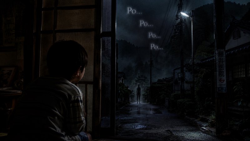 Silhouetted young boy watches a tall ghostly figure stand on a foggy rural Japanese village stree...