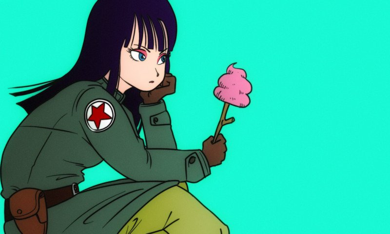 Pensive retro anime girl in a military uniform holds pink cotton candy against a bright teal back...