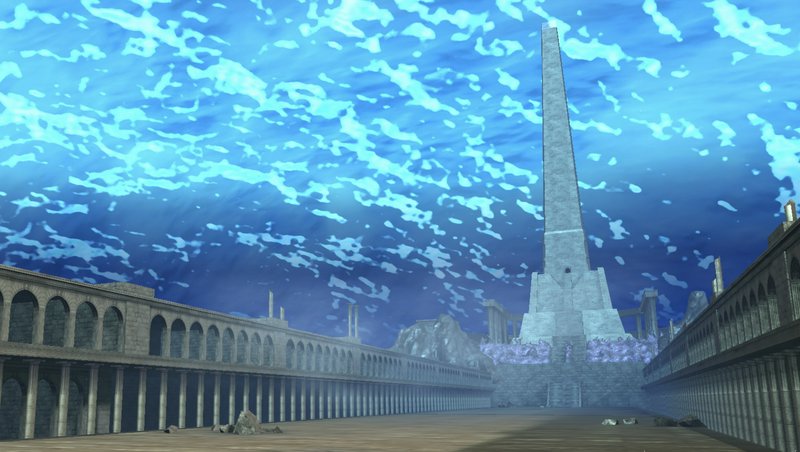 Tall stone obelisk anchors an underwater ancient plaza flanked by colonnaded arcades under dapple...