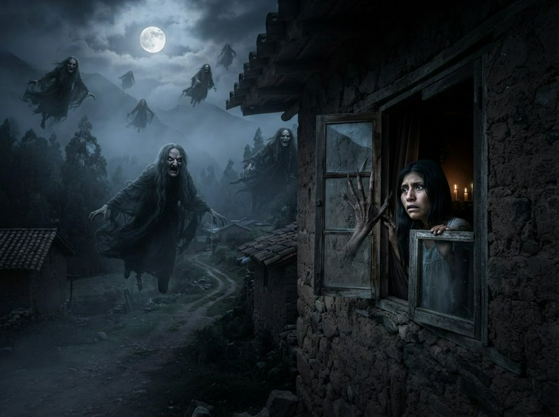 Terrified woman peers from a rustic village window as floating vengeful ghosts approach under a f...