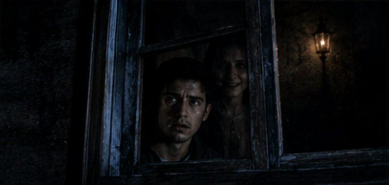 Worried young man and eerily smiling woman peer out from a weathered wooden window at night