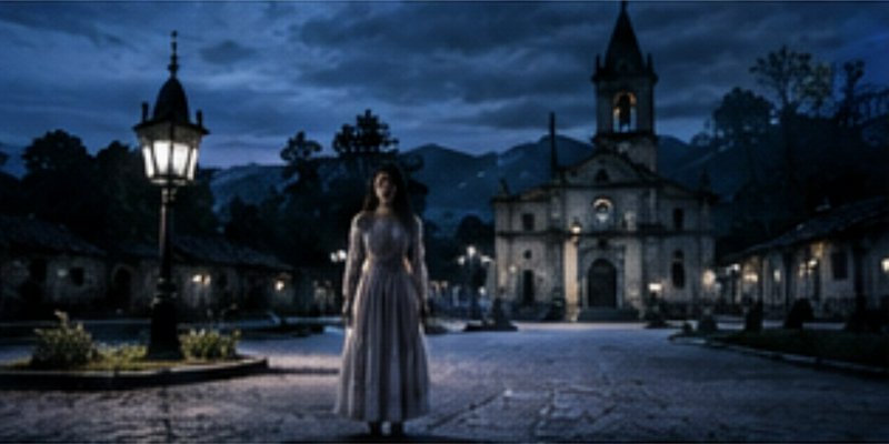 Ghostly woman in a pale vintage gown standing in a cobblestone colonial town square at twilight