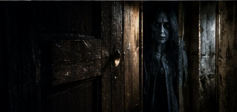 Ghostly female spirit peering through a narrow gap in an old weathered wooden door