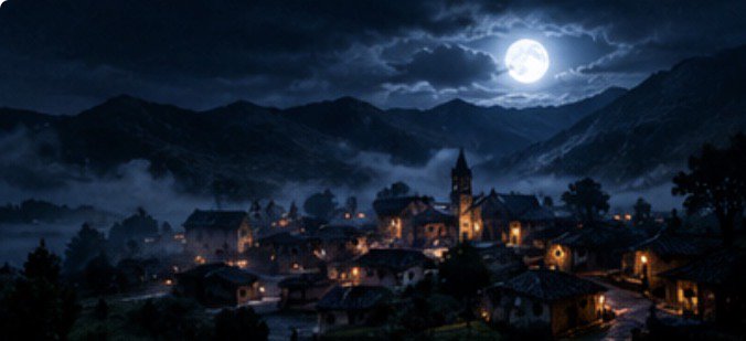 Misty alpine village glowing with warm window lights under a bright full moon at night