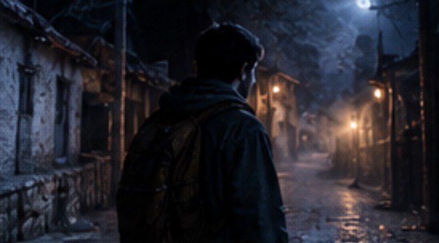 Lone backpacker stands with back to viewer on a wet misty moonlit village street at night