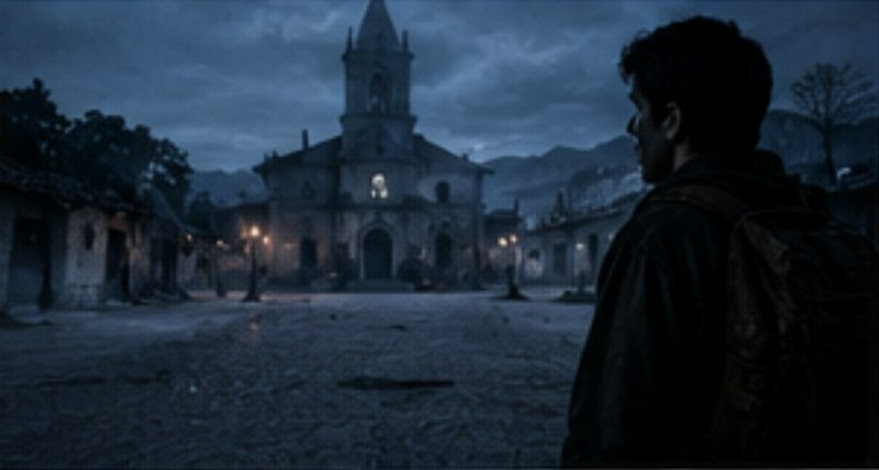 Backpacked traveler stands facing an old stone church in a misty mountain village square at twilight