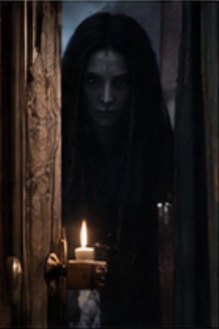 Eerie long-haired ghostly figure stands in a dim peeling doorway beside a small lit candle