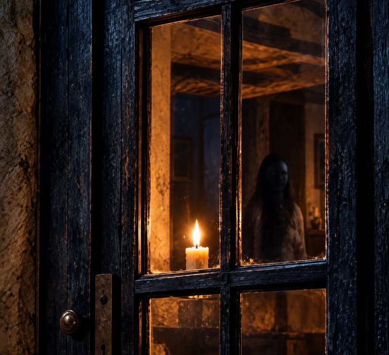Flickering lit candle behind an old wooden door, with a spooky shadowy figure standing inside a d...
