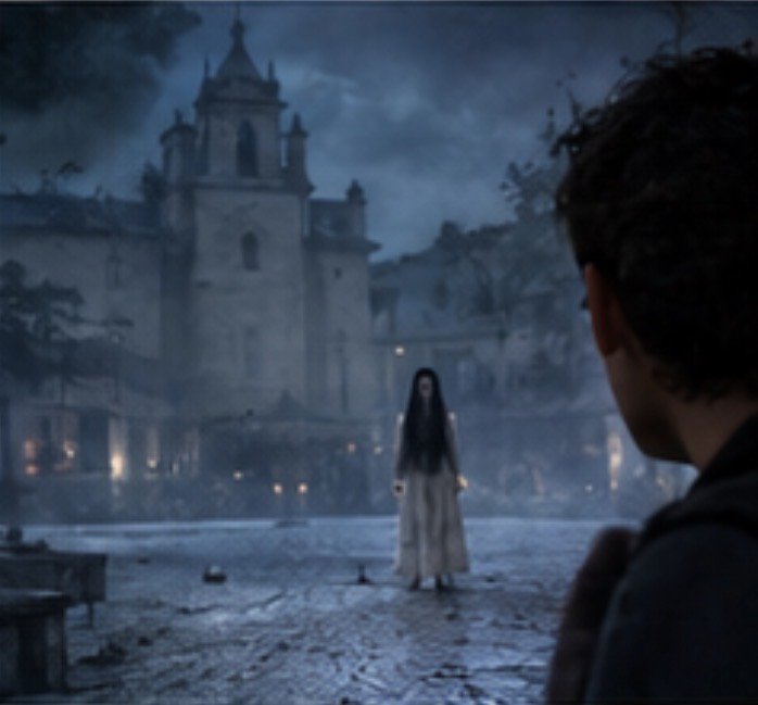 Ghostly long-haired woman in a pale gown stands in a misty colonial plaza, viewed over a man's shoulder