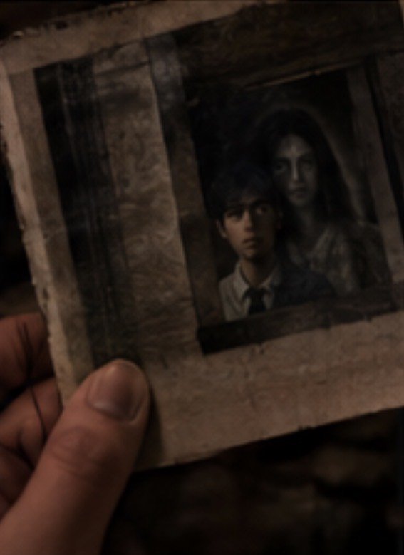 Hand holding a frayed vintage polaroid showing a ghostly woman standing behind a solemn teenage boy