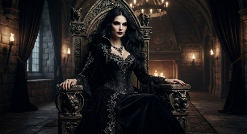 Regal gothic vampire queen seated on an ornate gargoyle-carved throne in a dim medieval castle hall