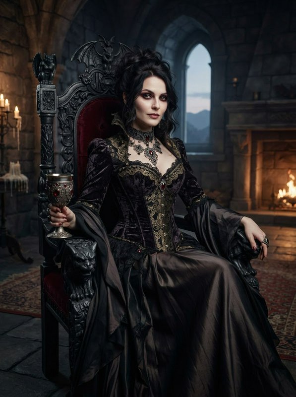 Regal gothic noblewoman sits on an ornate carved throne holding a silver goblet in a stone castle...