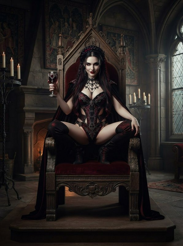 Regal vampire queen seated on an ornate carved throne holding a jeweled goblet in a gothic castle...