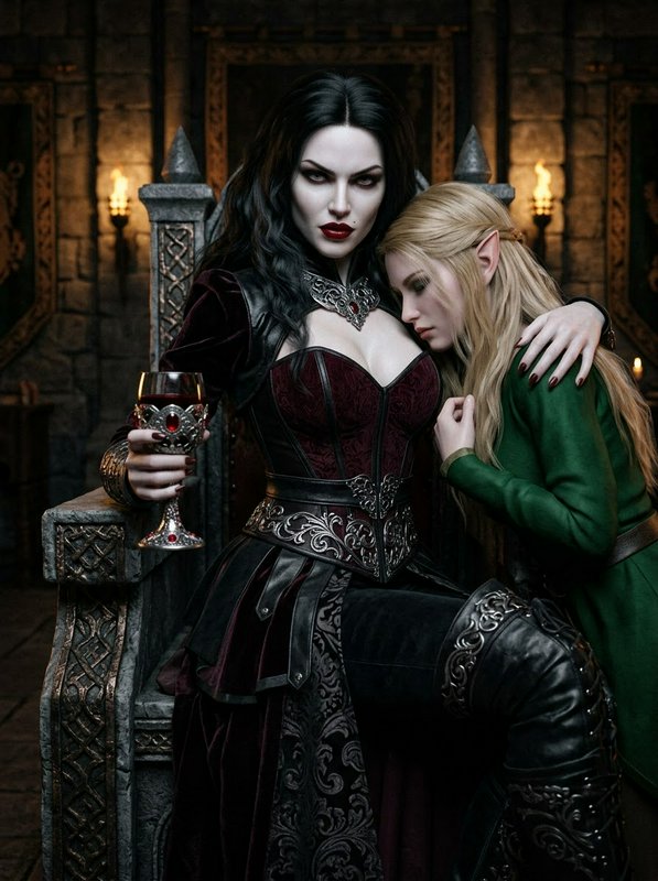 Regal vampire queen holding a ruby goblet sits on a stone throne as a blonde elf leans against her