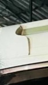 Close-up of a white painted surface with a curved wooden hinge and pale green trim.