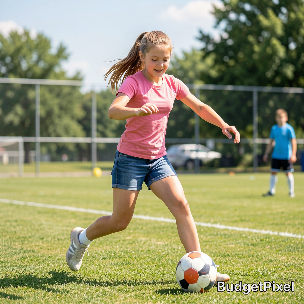 Young preteen girl dribbling a soccer ball on a sunny grass community soccer field