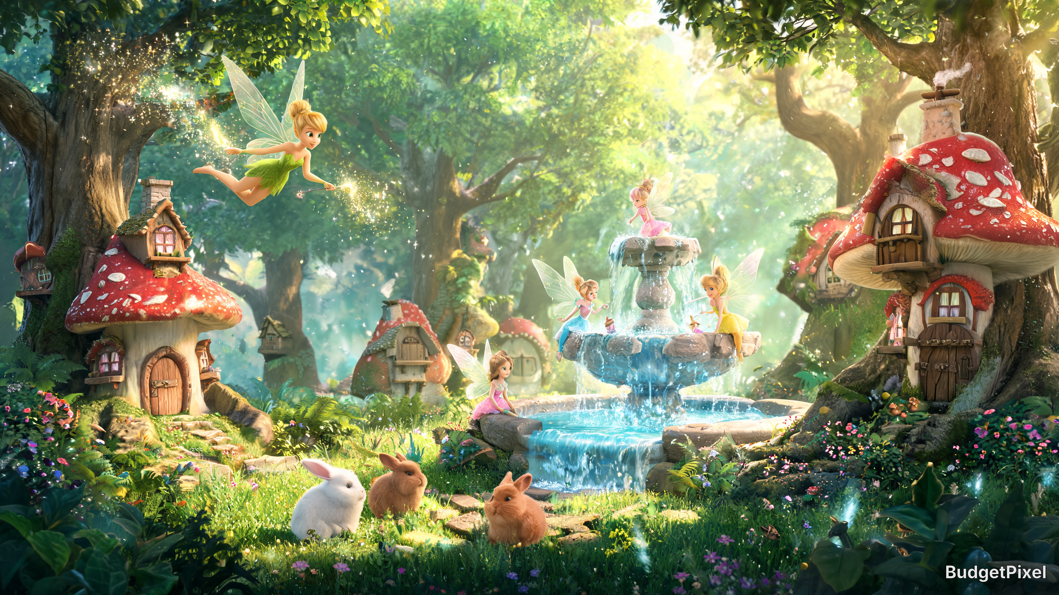 Fairy-tale forest village with red mushroom houses, pixie fairies, and a sparkling fountain.