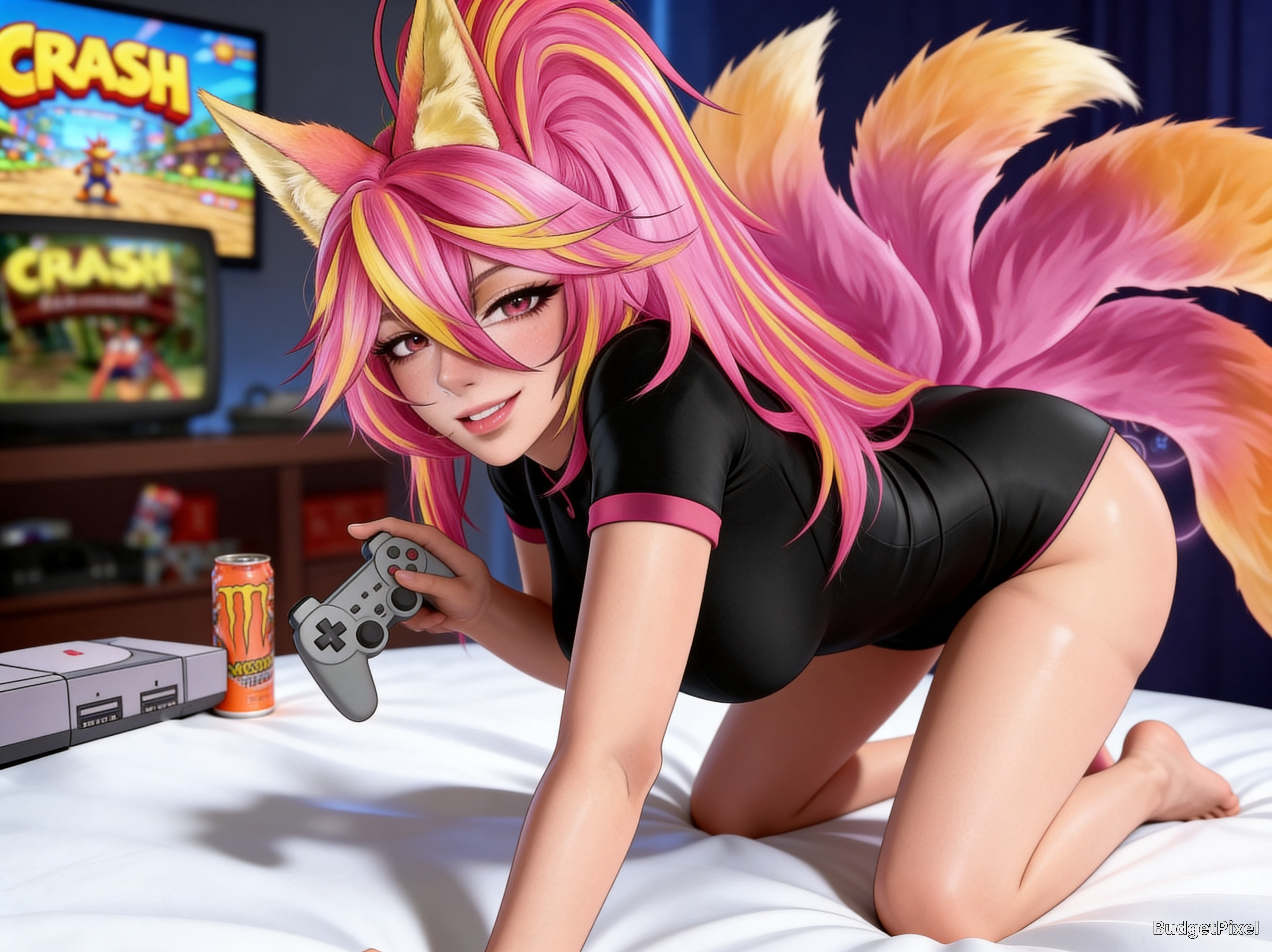 Anthropomorphic anime fox girl with pink hair and ears in a black bodysuit on a bed, holding a game controller.