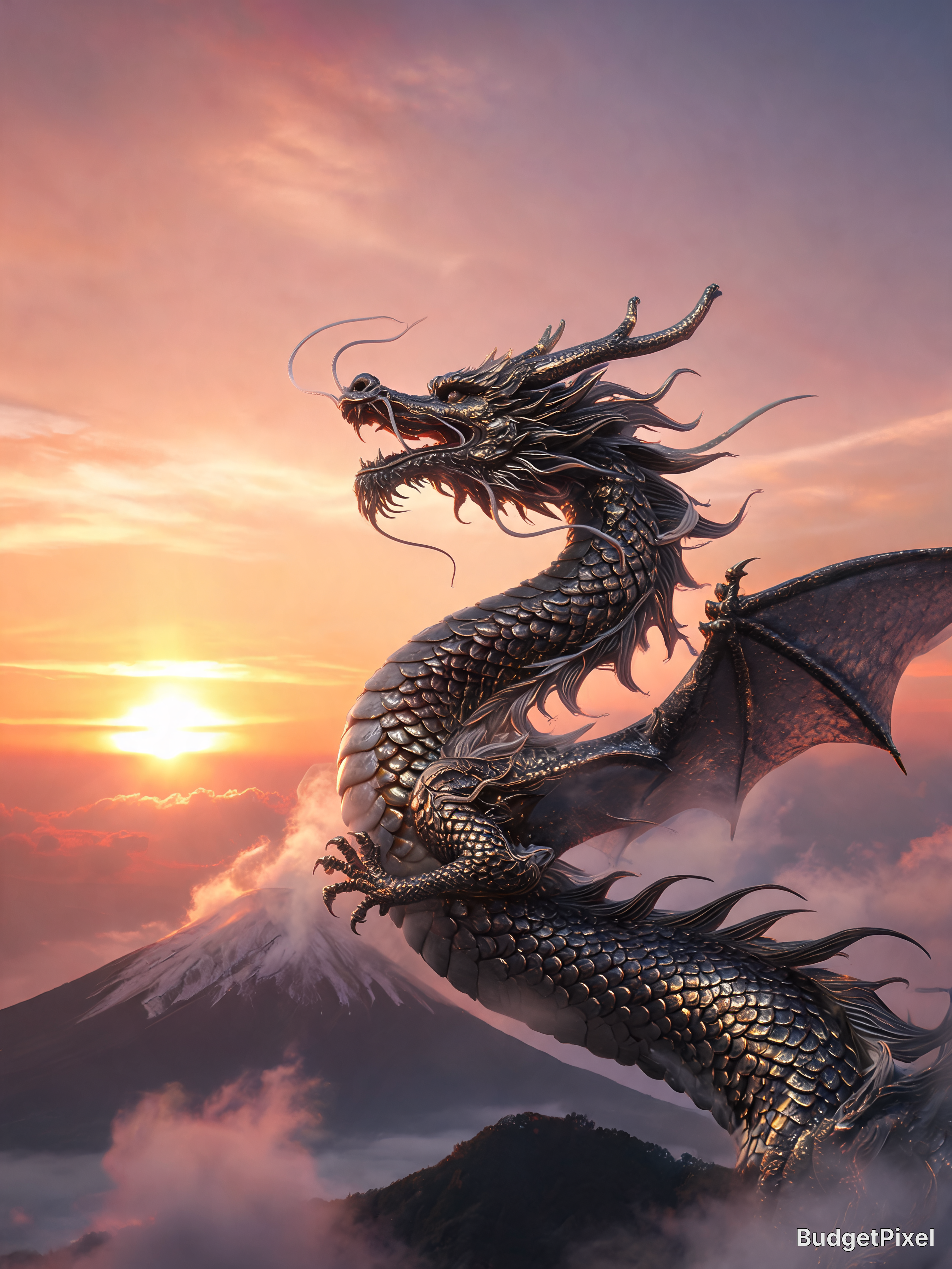 Majestic black dragon soaring above misty mountains at sunset