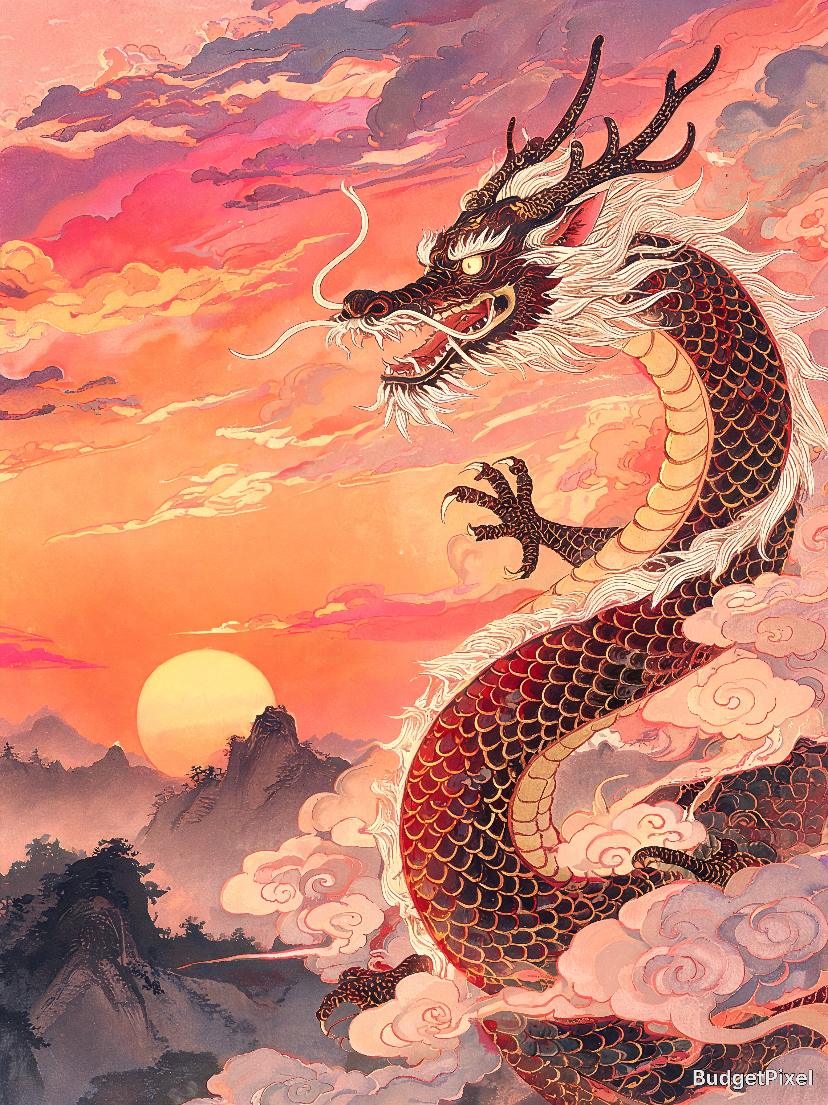 Chinese dragon spiraling through a warm orange-pink sunset among clouds above misty mountains.