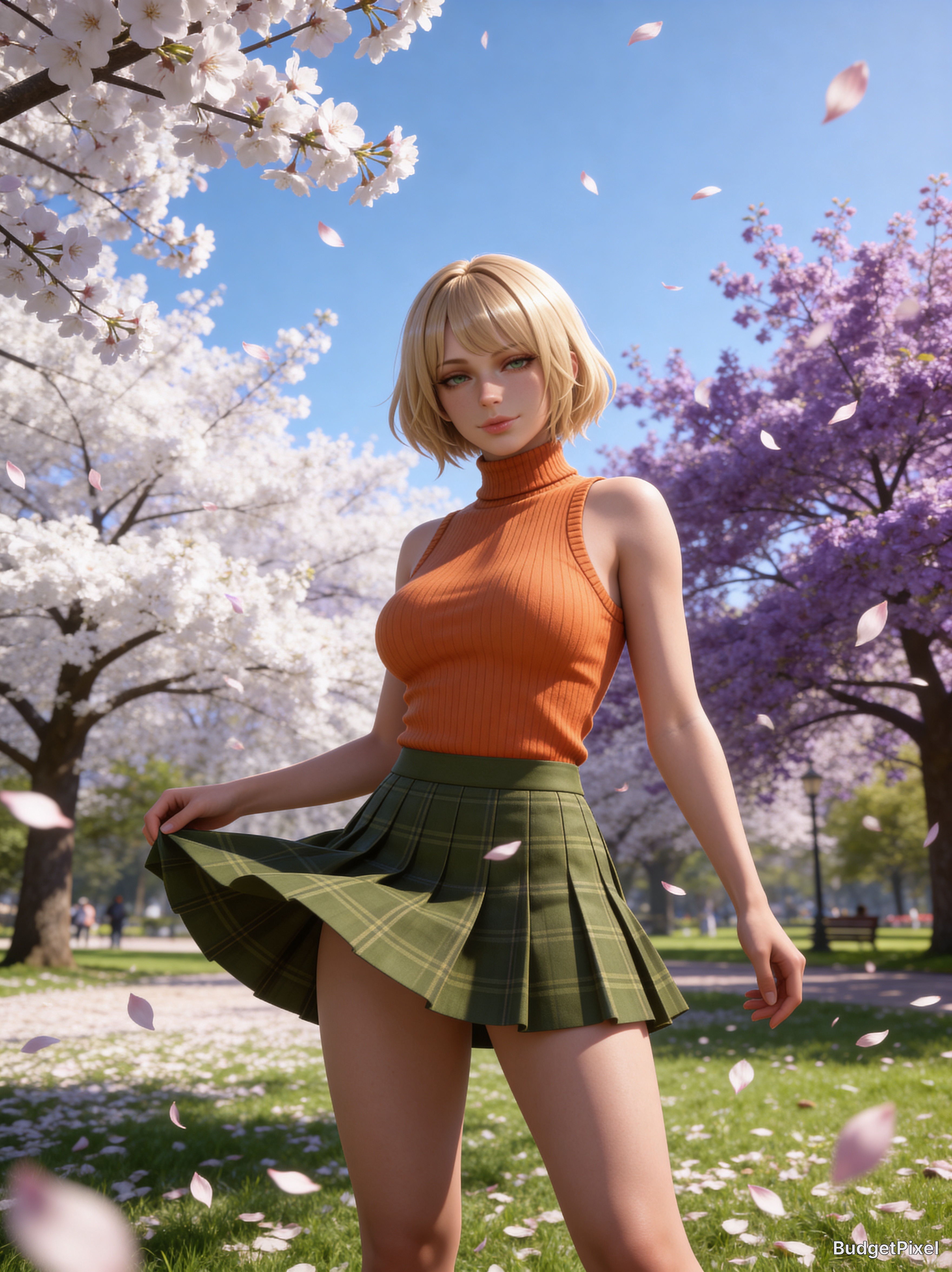 Young woman with blonde bob in an orange sleeveless turtleneck and green plaid skirt in a cherry blossom park.