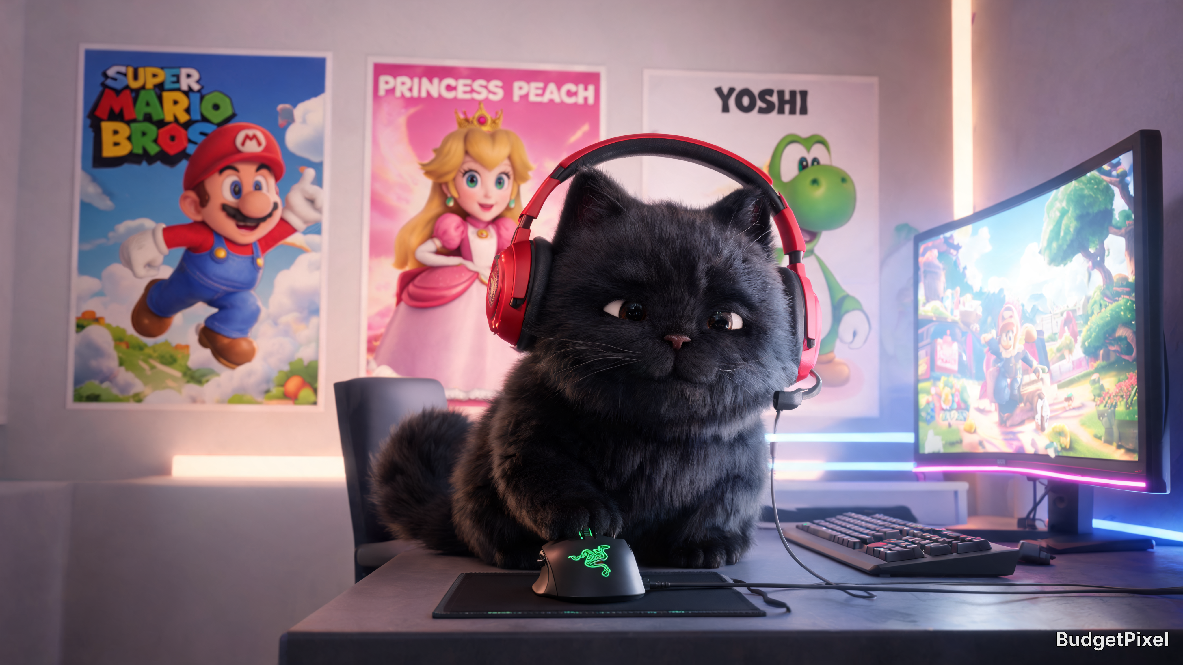 Fluffy black cat wearing a red gaming headset sits at a desk with colorful posters and a monitor.