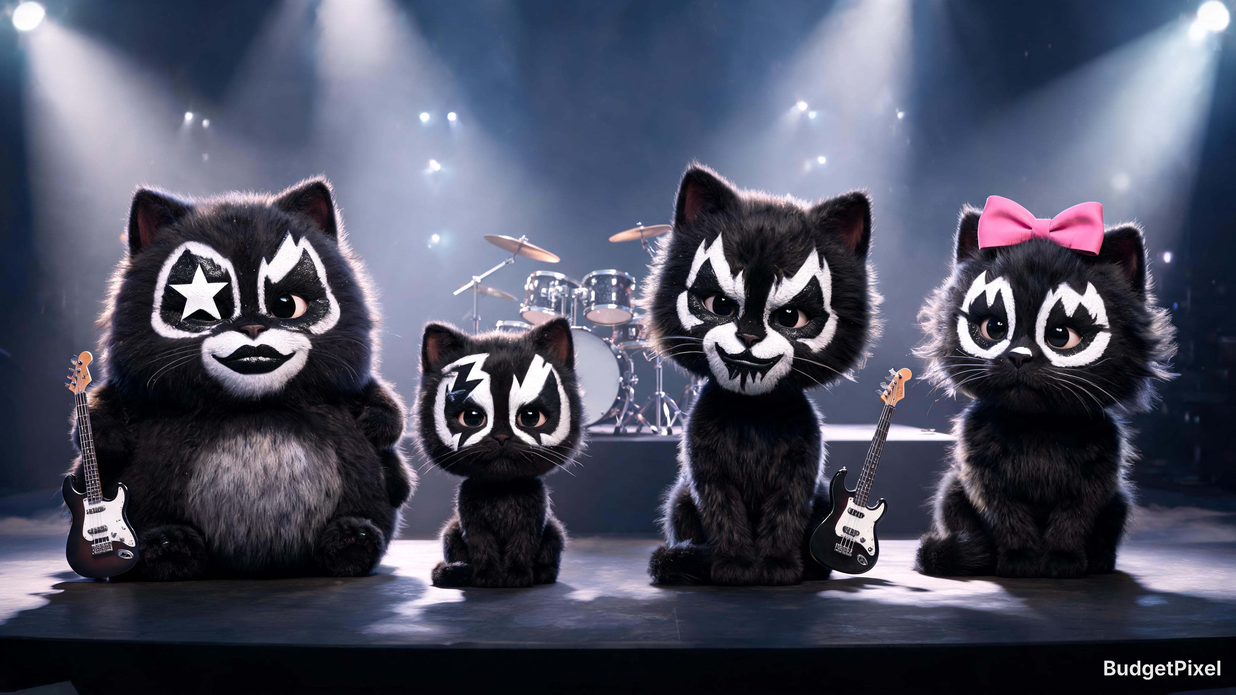 Four fluffy black cat mascots with white face paint on a concert stage with guitars and drums.