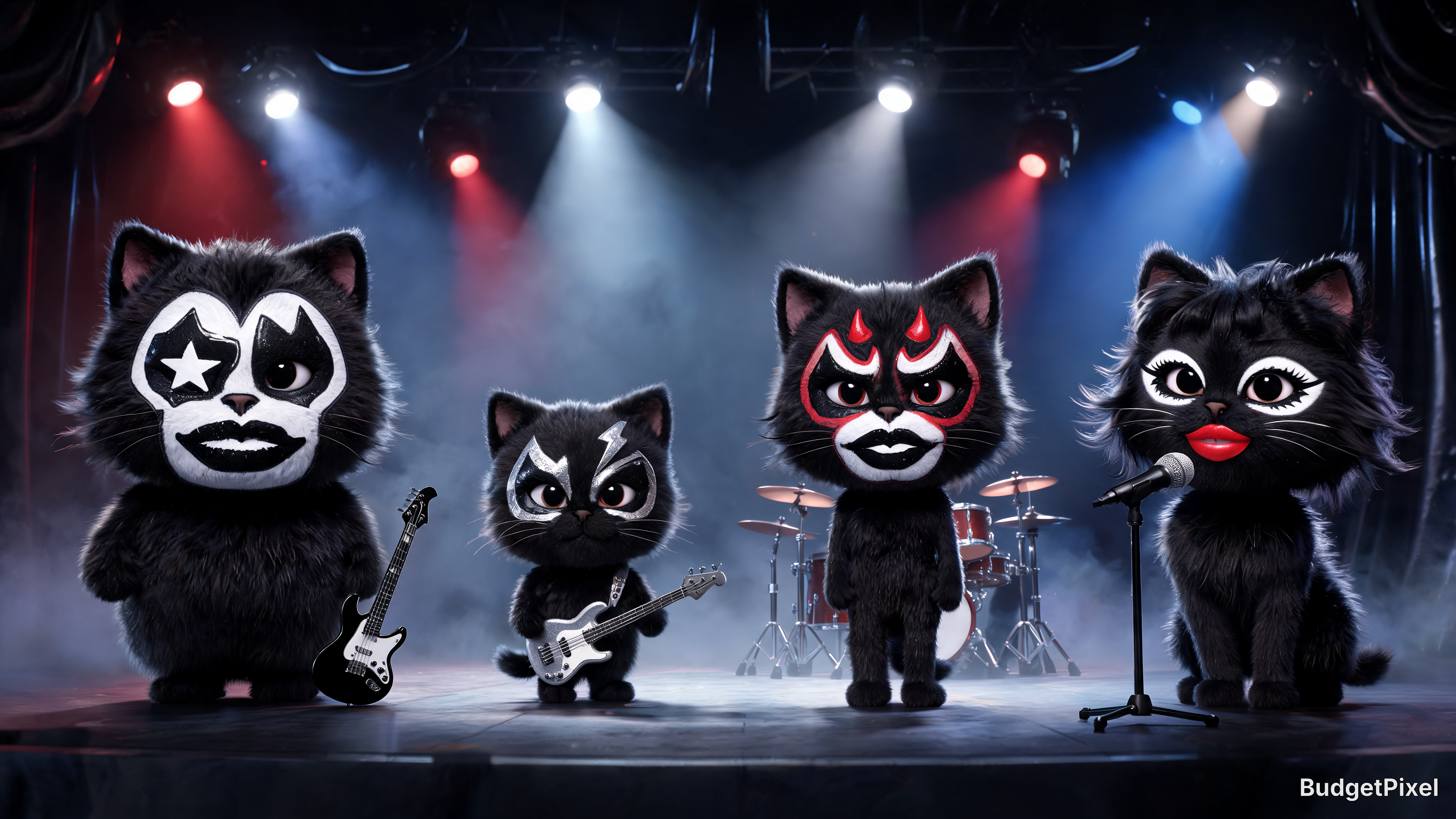 Four black cat mascots in KISS-inspired makeup on a stage with guitars and drums under colorful spotlights.