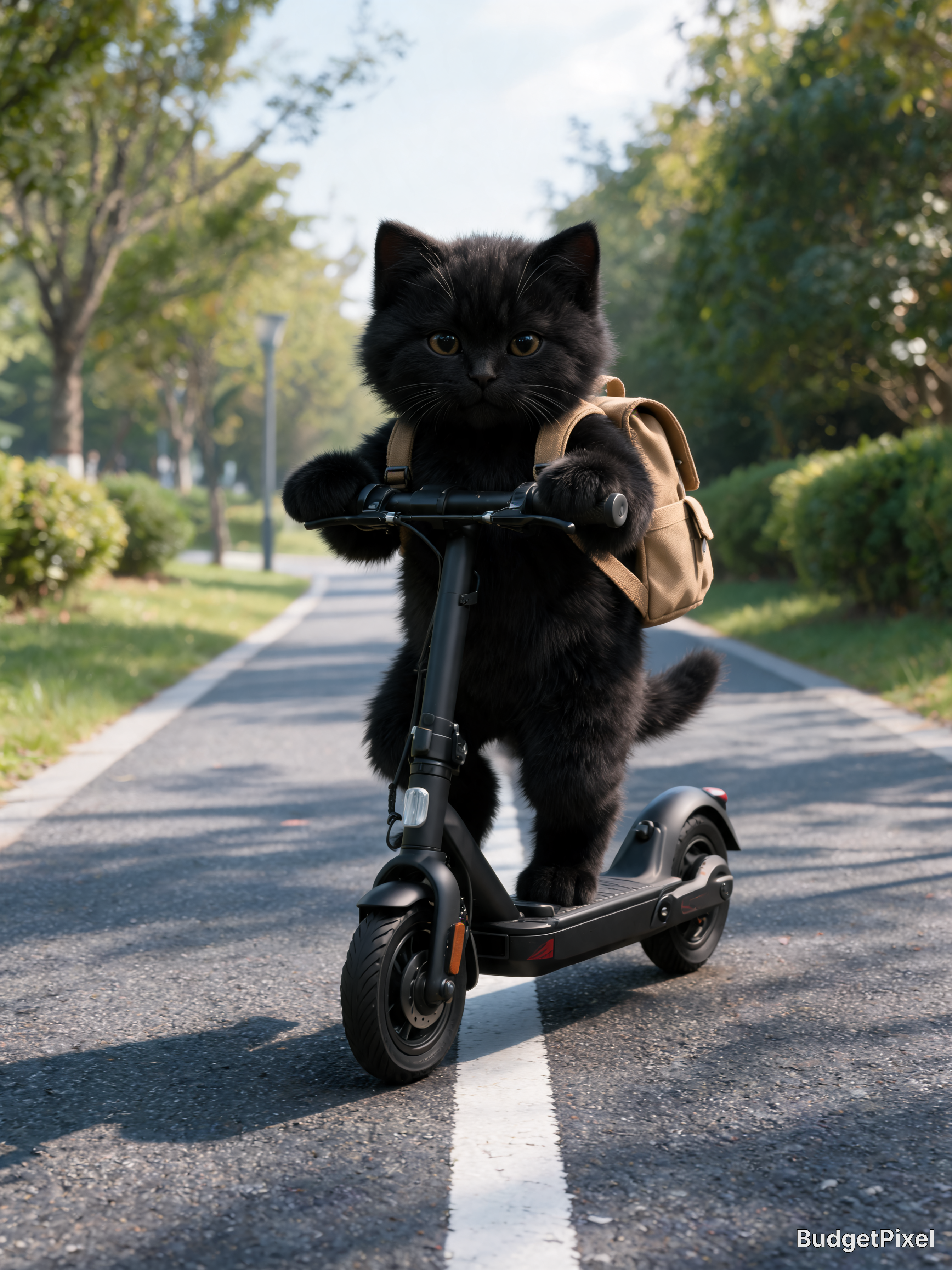 Black kitten riding a black electric scooter with a brown backpack in a tree-lined park.
