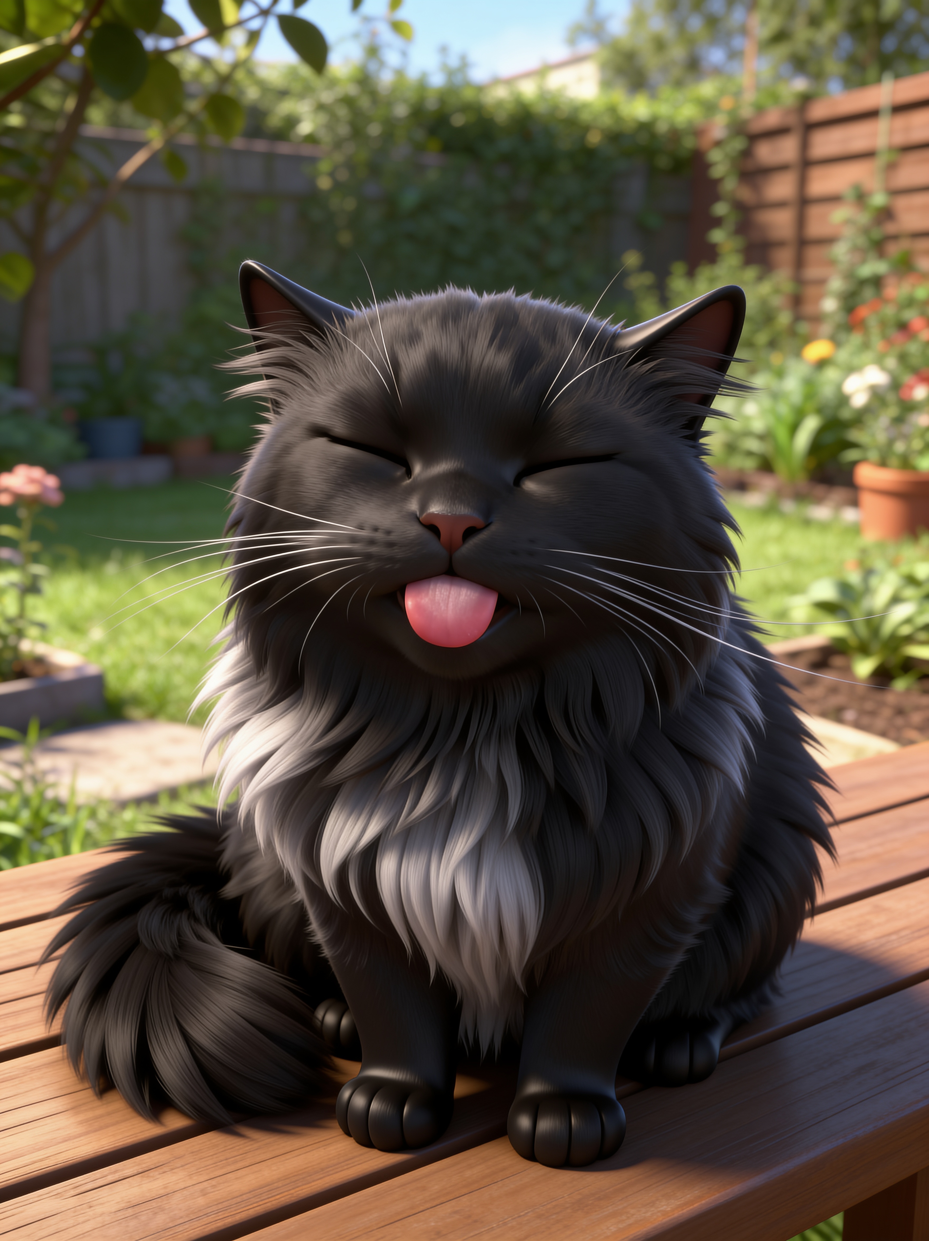 Fluffy longhair black and grey cat sits on a wooden garden table, eyes closed with a playful tongue blep.