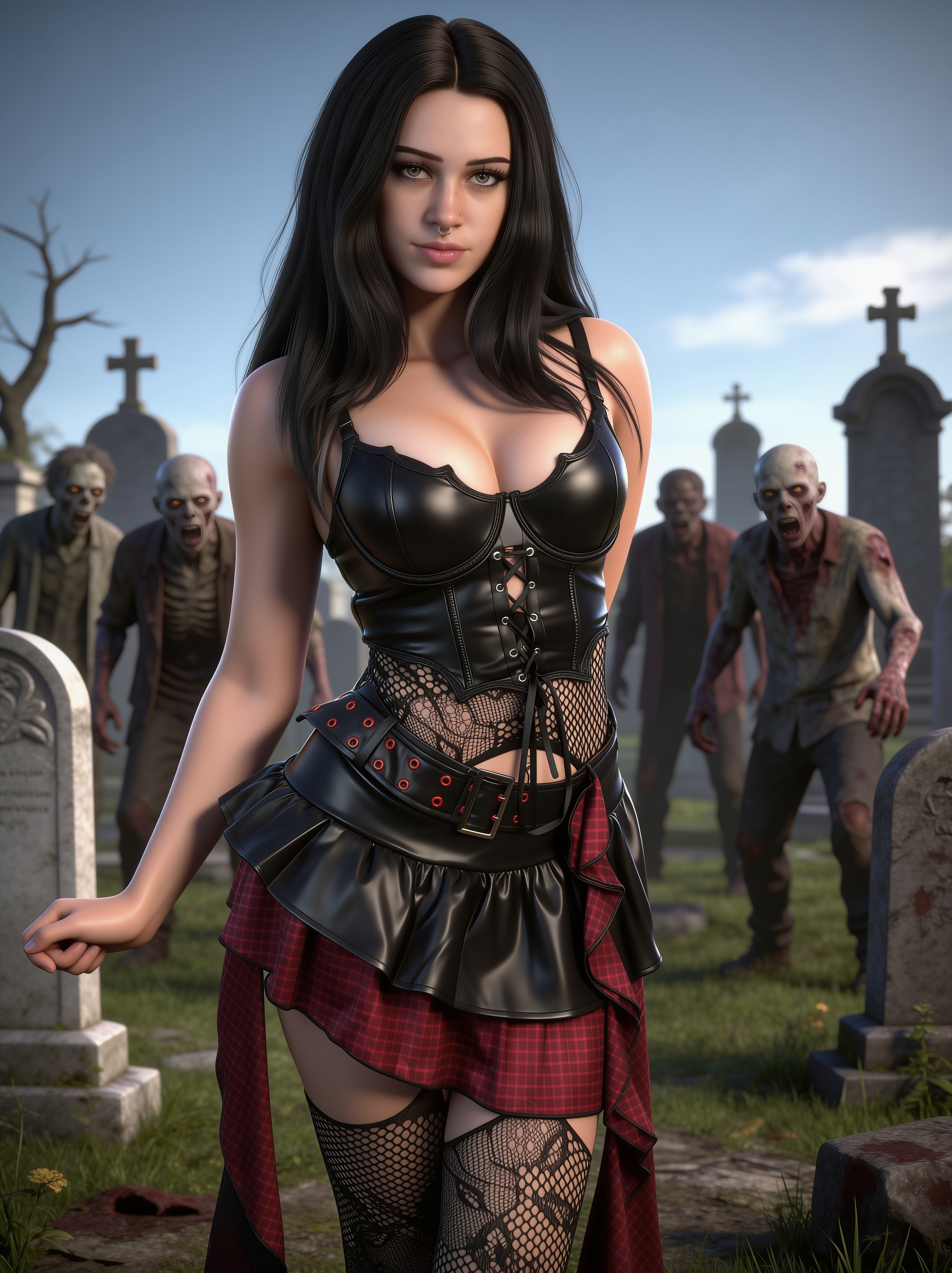Gothic woman in a leather outfit stands in a graveyard as zombies approach behind her