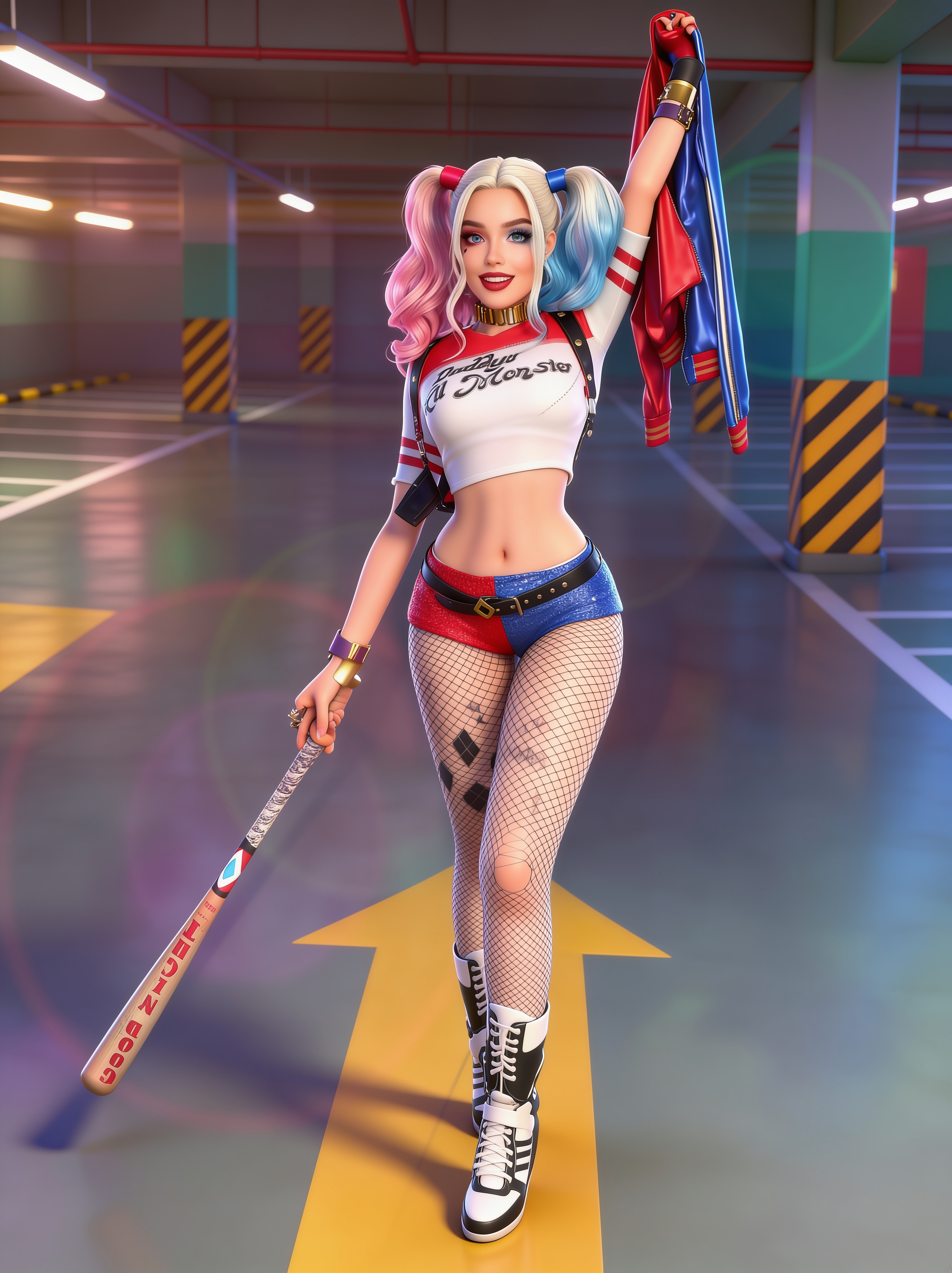3D rendered Harley Quinn with pink and blue pigtails holding a baseball bat in an underground parking garage