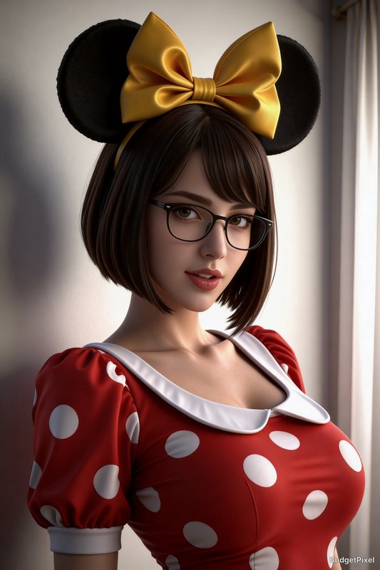 Stylized woman wearing Minnie Mouse ears with a large yellow bow, red polka-dot dress, and glasses.