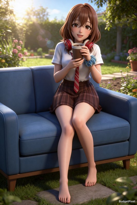 Anime-style girl with brown hair in a school uniform sits on a blue outdoor sofa, holding a cup of coffee.