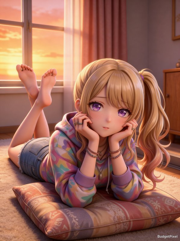 Anime-style 3D girl lying on a cushion indoors at sunset, with blonde pigtails and a pastel tie-dye hoodie.