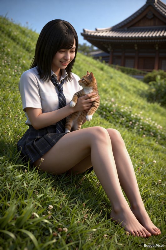Schoolgirl in uniform sitting on grass, holding an orange kitten near a traditional temple.