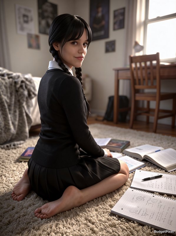 Young student girl in a black uniform sitting on a shaggy rug with open notebooks.