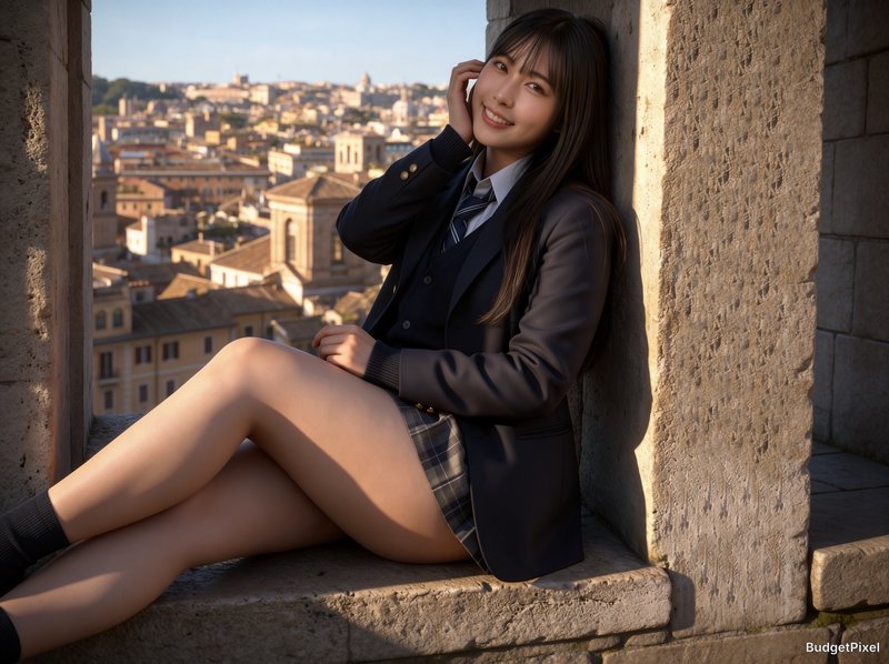 Young woman in school uniform sitting on a stone ledge with a city skyline in the background