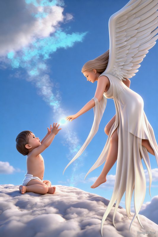 Angelic figure with flowing white dress and large wings offering a glowing orb to a baby on clouds.