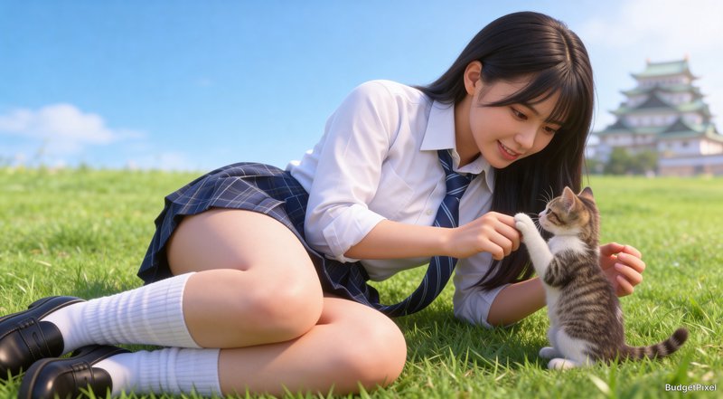 Girl in a school uniform on grass playing with a kitten outdoors near a castle.