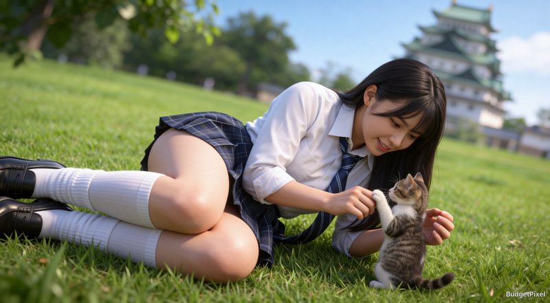 Schoolgirl in uniform lying on grass playing with a kitten; pagoda in the background.