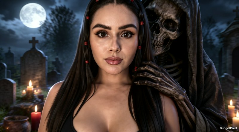 Young woman in a cemetery at night with a skeletal Grim Reaper behind her.