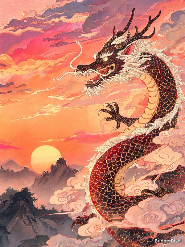 Chinese dragon spiraling through a warm orange-pink sunset among clouds above misty mountains.