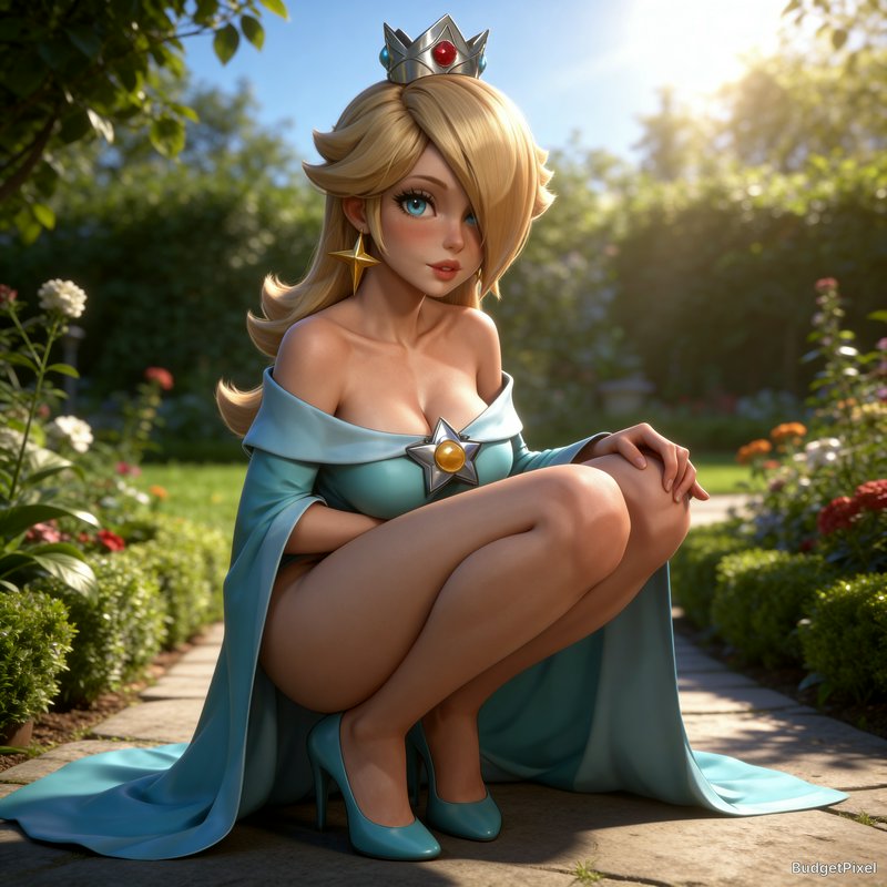 Cartoon-style princess crouching in a sunlit garden, wearing a blue off-shoulder gown and silver crown.
