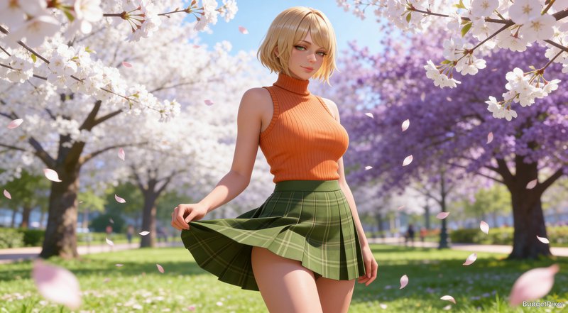Anime-style woman in orange sleeveless turtleneck and green plaid skirt among cherry blossoms.