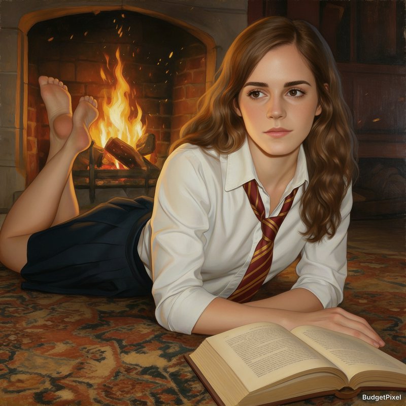 Young woman in a school uniform lying on a rug by a lit fireplace, reading an open book.