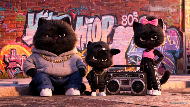 Three plush cats in hip-hop outfits posing with a boombox in front of a colorful graffiti wall.