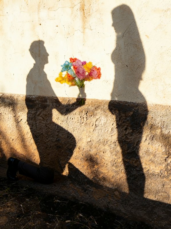 Shadows of a kneeling man proposing to a woman, with a bright multicolor bouquet between the silh...