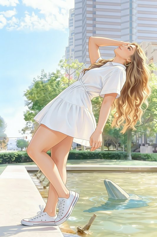 Anime style illustration of young woman in white dress leaning back beside a city fountain, with ...